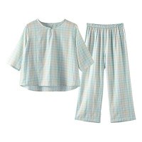 Soft Double Gauze Cotton Pajama Set, Plaid Print Women's Loungewear, Comfortable 3/4 Sleeve Sleepwear
