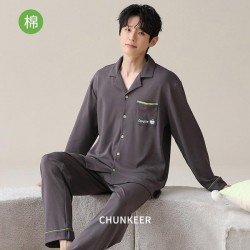 Men's 100% Cotton Pajama Set - Long Sleeve Button-Down Loungewear for Home and Casual Wear