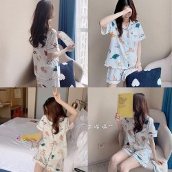 Women Summer Cotton Pajamas Set Kawaii Meow for Cat Short Sleeve Sleepwear Night