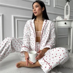 Women Cute Heart Print 2Pcs Long Sleeve Button Up Shirt Pant Pajamas Set