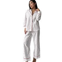 Women Cute Heart Print 2Pcs Long Sleeve Button Up Shirt Pant Pajamas Set