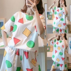 Women 2pcs Geometry Print Pajamas Set Short Sleeve O-Neck Pullover Sleepwear