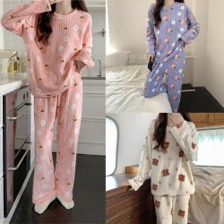 Women's Coral Fleece Pajamas Flannel Sleepwear Soft Pajamas Set Winter Warm Loungewear 2 Piece Long Sleeve Pj Set