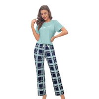 9+ sizesCheckered Loungewear Women's Short Sleeve Shirt And Long Pants Sleepwear Pajamas