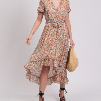 Crepe Asymmetric Dress Floral Lined Waist Tie Made in Italy