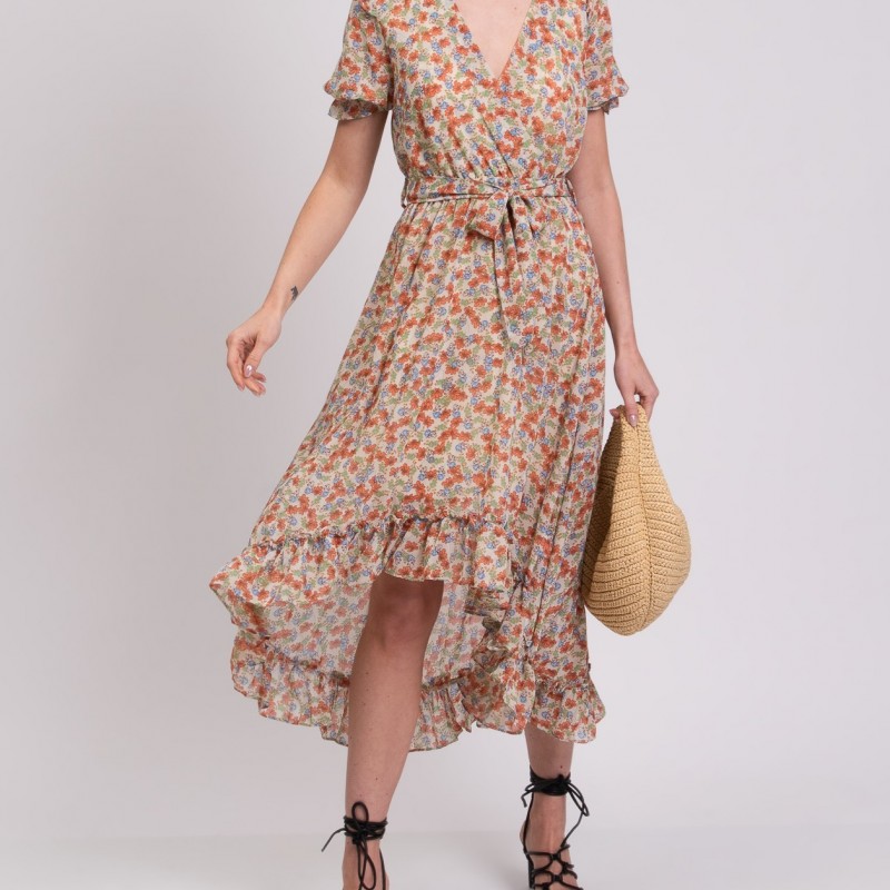 Crepe Asymmetric Dress Floral Lined Waist Tie Made in Italy