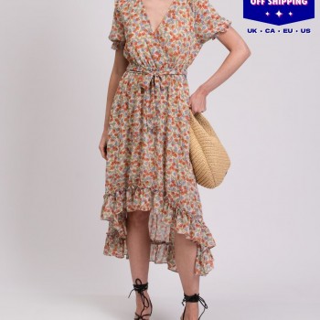 Crepe Asymmetric Dress Floral Lined Waist Tie Made in Italy