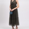 Tulle Midi Dress Gathered V-Neck Sleeveless Made in Italy