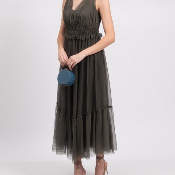 Tulle Midi Dress Gathered V-Neck Sleeveless Made in Italy