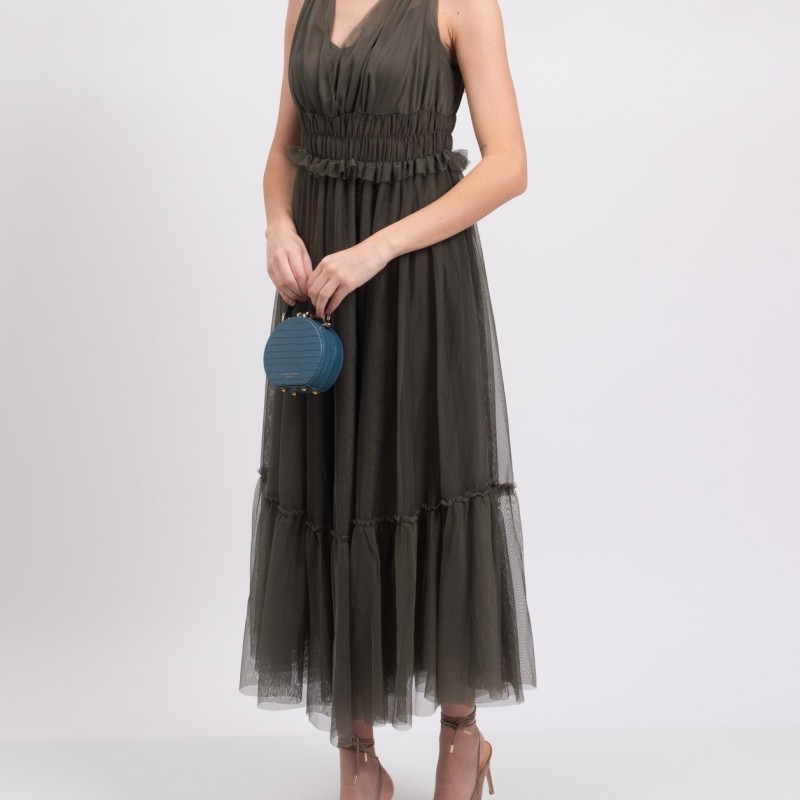 Tulle Midi Dress Gathered V-Neck Sleeveless Made in Italy