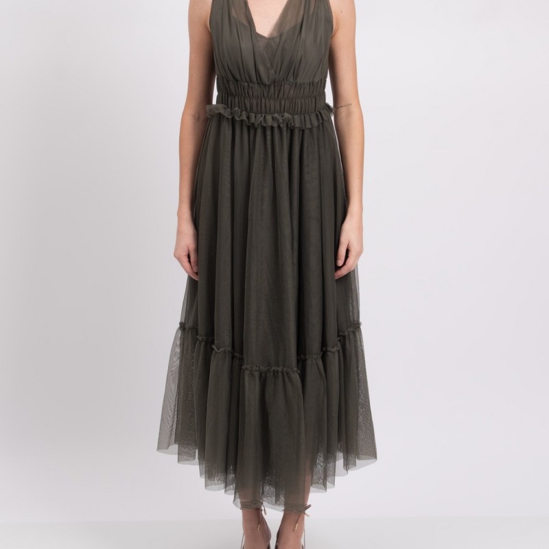 Tulle Midi Dress Gathered V-Neck Sleeveless Made in Italy