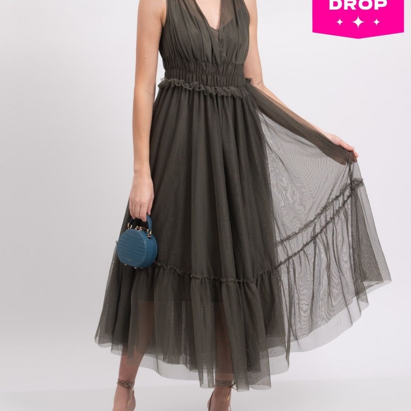 Tulle Midi Dress Gathered V-Neck Sleeveless Made in Italy