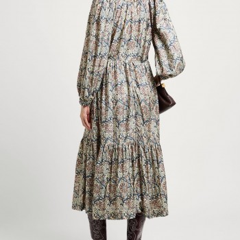 RRP 958 Midi Boho Dress Ivory Floral-Print Flared Cutout Tiered