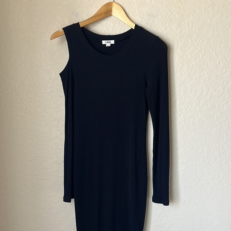 Ribbed Cut Out Shoulder Black Long Sleeve Mini Dress