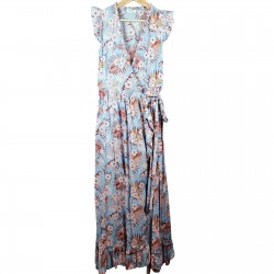 STORIA Tropical Floral Wrap Maxi Dress Ruffled Flutter Sleeve Blue Pink