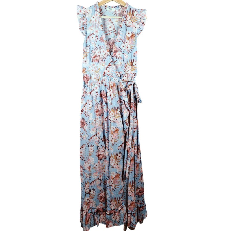 STORIA Tropical Floral Wrap Maxi Dress Ruffled Flutter Sleeve Blue Pink