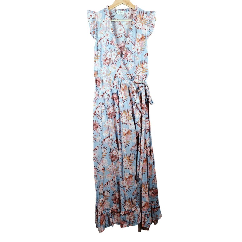 STORIA Tropical Floral Wrap Maxi Dress Ruffled Flutter Sleeve Blue Pink