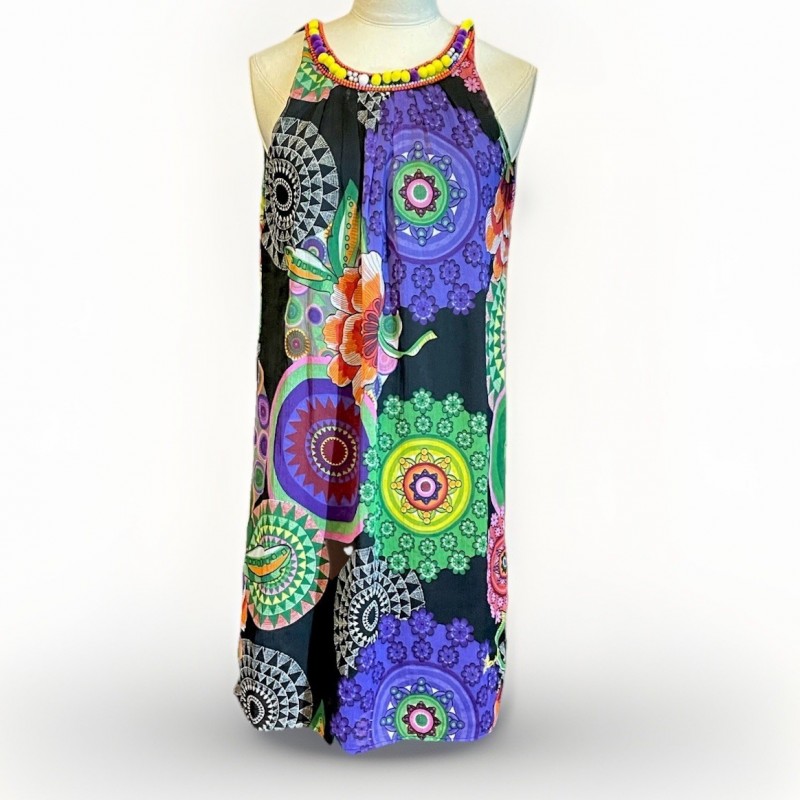Black Purple Green Yellow Mandala Beaded Shift Dress Women s