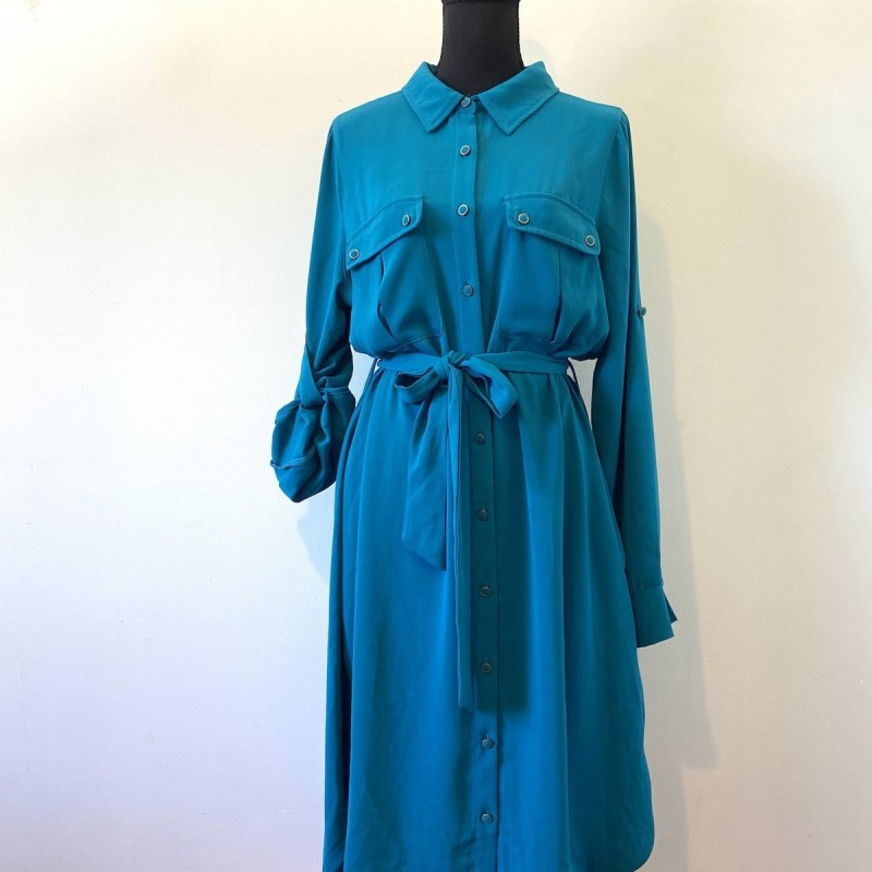 Button Up Shirt Dress Pockets Waist Tie Adjustable Long Sleeve