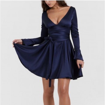 Dominique Plunge Mini Dress Navy Balletcore Date Night Size: Medium