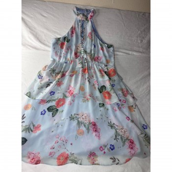 Floral Halter Dress Womens 4 Blue Excellent Tiered Ruffle Mini