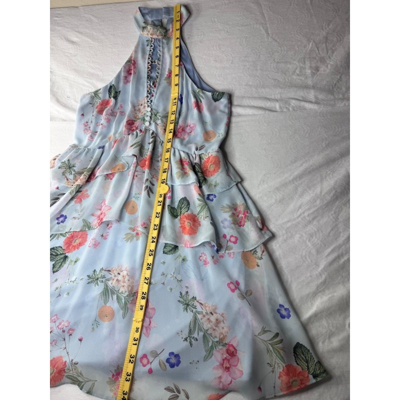 Floral Halter Dress Womens 4 Blue Excellent Tiered Ruffle Mini
