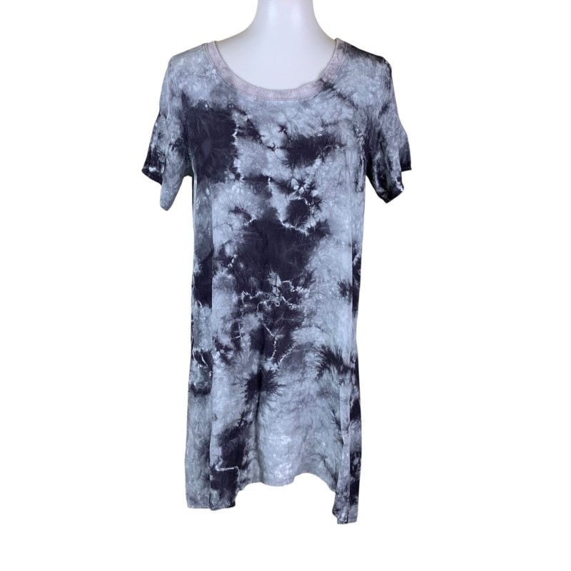 Gray Black Tie Dye T Shirt Dress Casual Boho Lounge