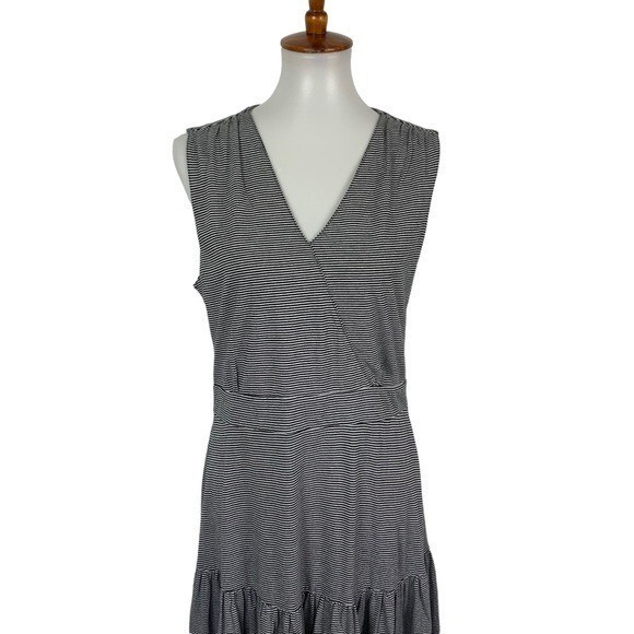 Black White Striped Sleeveless Tiered Midi Dress Medium