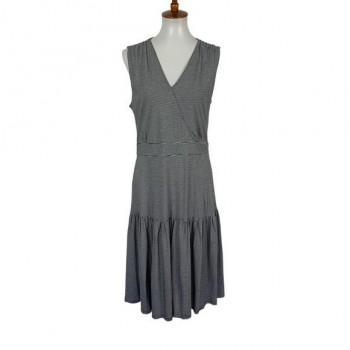 Black White Striped Sleeveless Tiered Midi Dress Medium