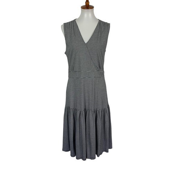 Black White Striped Sleeveless Tiered Midi Dress Medium