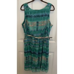 Green Watercolor Chiffon Fit Flare Dress Belt Womens 16W Career Party