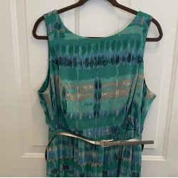 Green Watercolor Chiffon Fit Flare Dress Belt Womens 16W Career Party