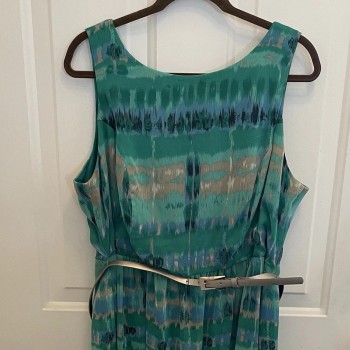 Green Watercolor Chiffon Fit Flare Dress Belt Womens 16W Career Party