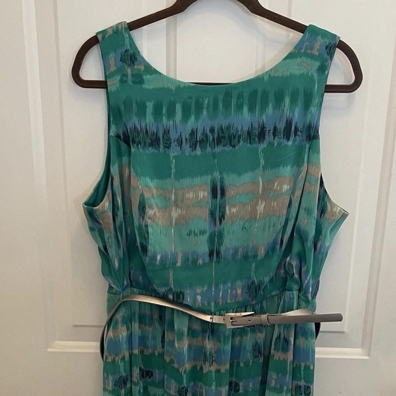 Green Watercolor Chiffon Fit Flare Dress Belt Womens 16W Career Party