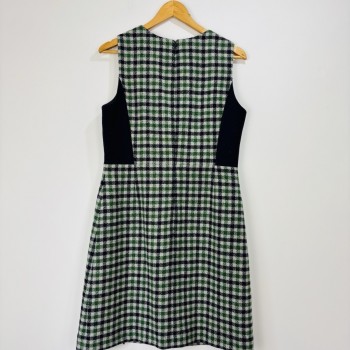 Dress Women Navy Blue Green Checked Wool by Moon Tweed Pinafore