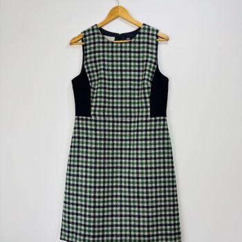 Dress Women Navy Blue Green Checked Wool by Moon Tweed Pinafore