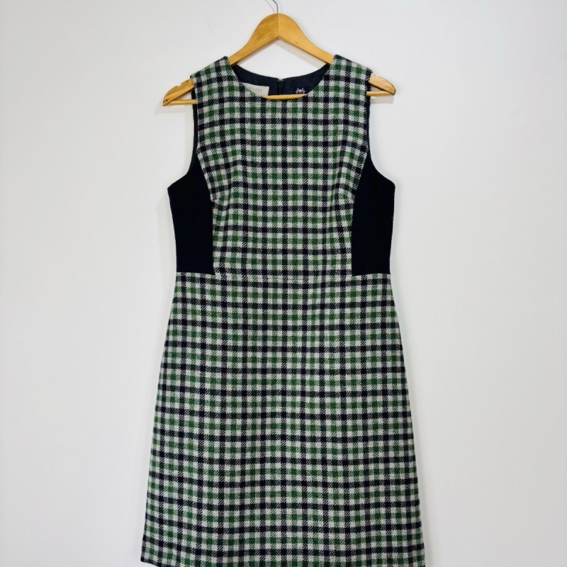 Dress Women Navy Blue Green Checked Wool by Moon Tweed Pinafore