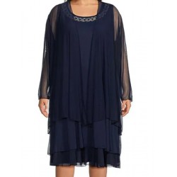Dress Long Sleeve Embellished Crew Neck Mesh 2-Piece Jacket Dress 1X
