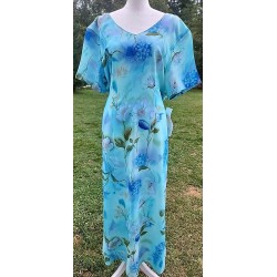 90s Womens Large Blue Floral Maxi Dress Belted NOS Cottage