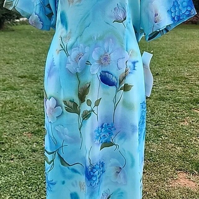 90s Womens Large Blue Floral Maxi Dress Belted NOS Cottage