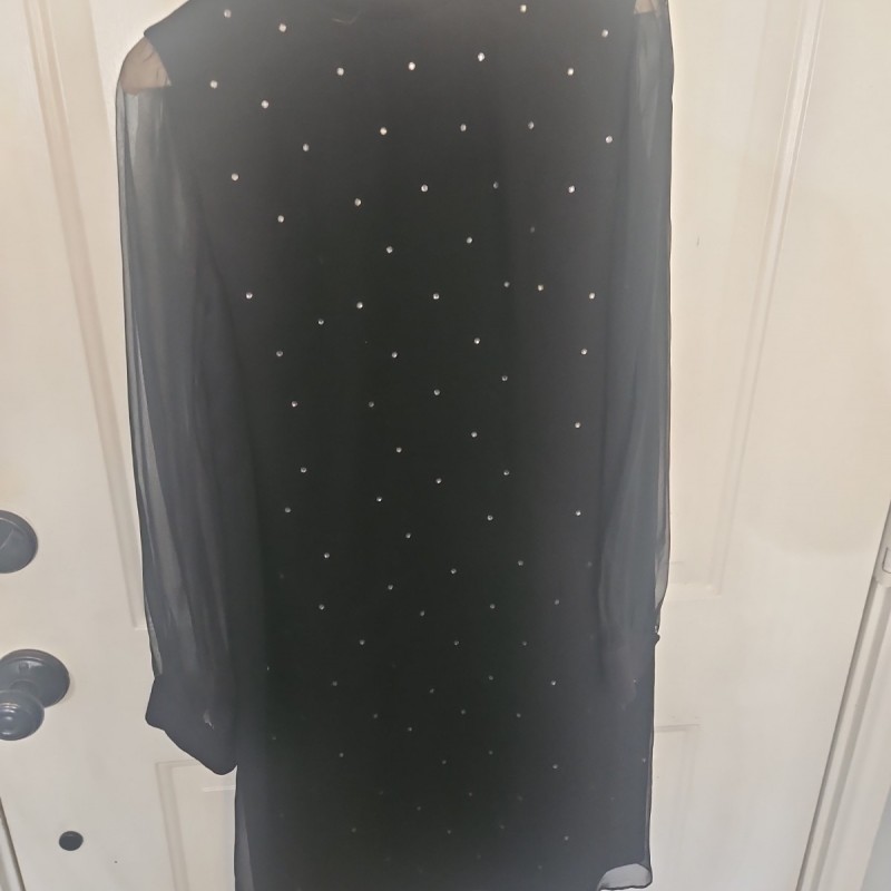 Black Sheer Rhinestone Dress Long Sleeve Overlay Shift Party Evening Women