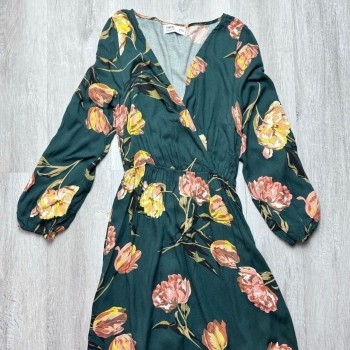 Women's XS Green Long Sleeve Floral Boho V Neck Peasant Maxi Dress Petite