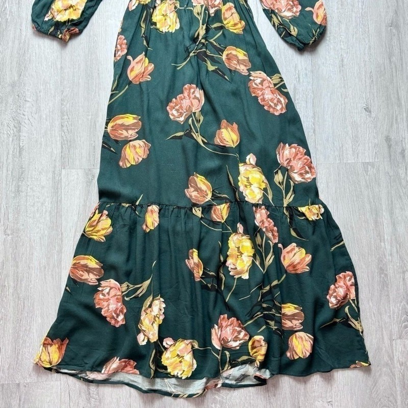 Women's XS Green Long Sleeve Floral Boho V Neck Peasant Maxi Dress Petite
