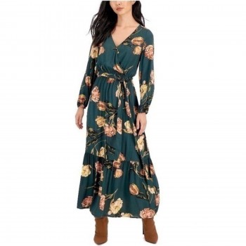 Women's XS Green Long Sleeve Floral Boho V Neck Peasant Maxi Dress Petite