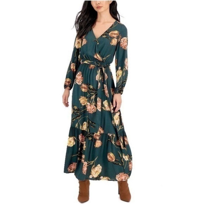 Women's XS Green Long Sleeve Floral Boho V Neck Peasant Maxi Dress Petite