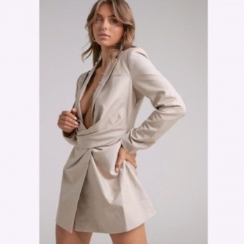 Women's Beige Deep Plunge Fitted Long Sleeve Mini Blazer Dress S