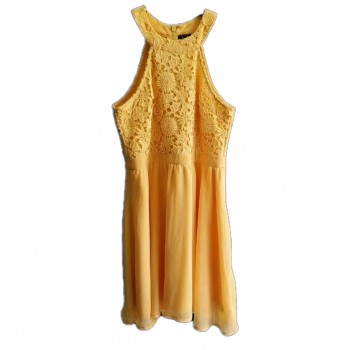 Lovers Game Womens Medium Skater Dress Yellow Floral Lace Halter Bodice