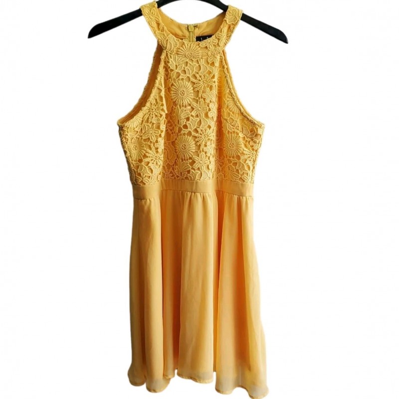 Lovers Game Womens Medium Skater Dress Yellow Floral Lace Halter Bodice