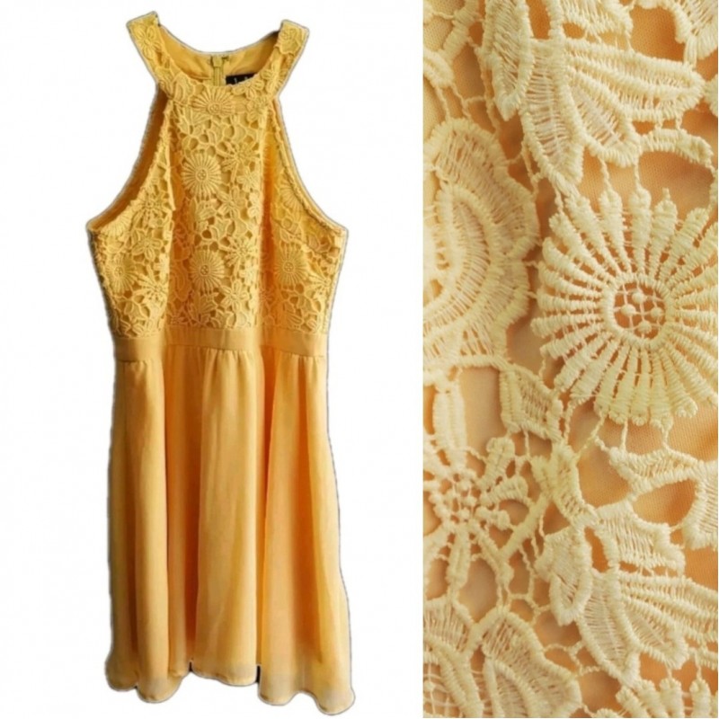 Lovers Game Womens Medium Skater Dress Yellow Floral Lace Halter Bodice