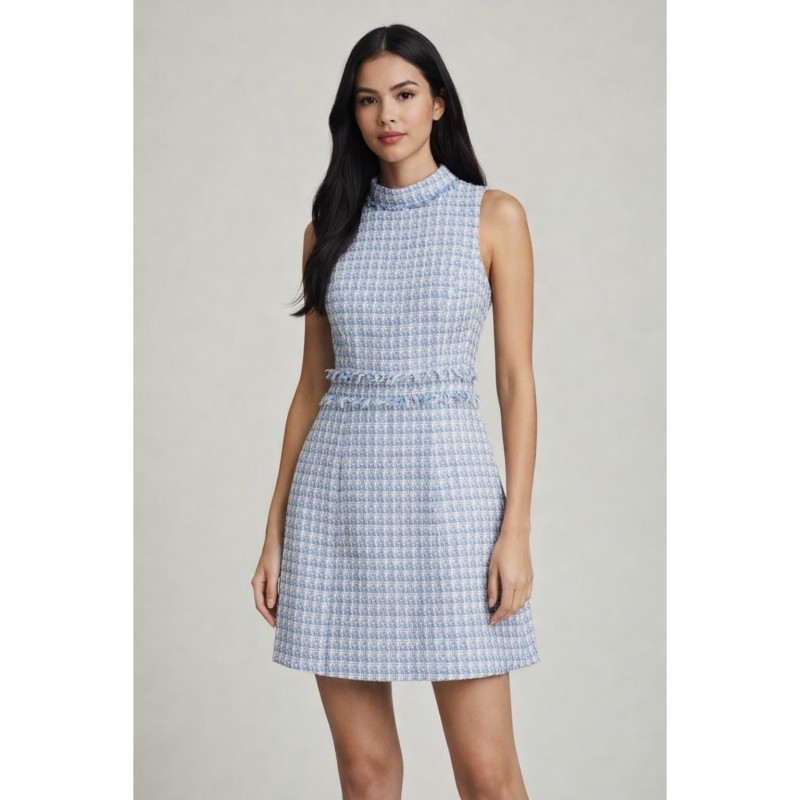 Blue Tweed Sleeveless Mini Dress Modern Classic Preppy
